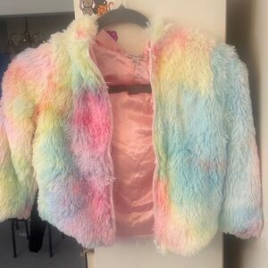 Cherokee Pastel Rainbow Faux Fur Kids Jacket - Pink, Blue, Yellow, Green